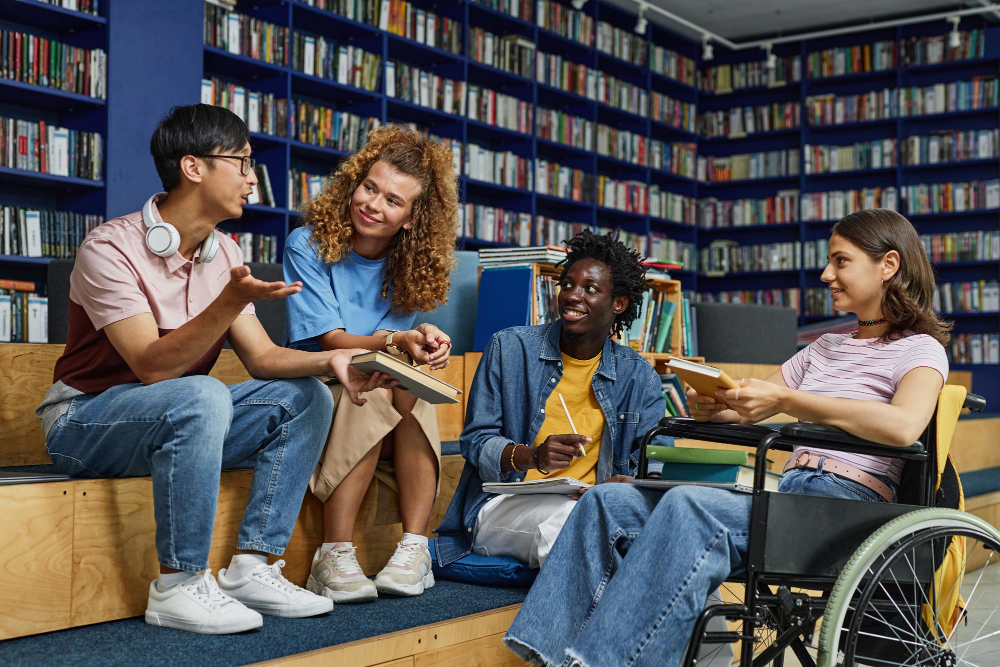 group of diverse students in a library